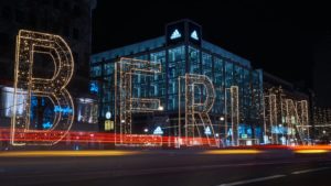 Berlin lighted free standing signage during night time